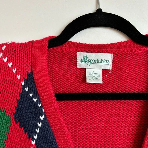 Vintage Argyle Cardigan Sweater Red Green Navy Plaid Preppy Holiday Women’s L - Picture 2 of 2